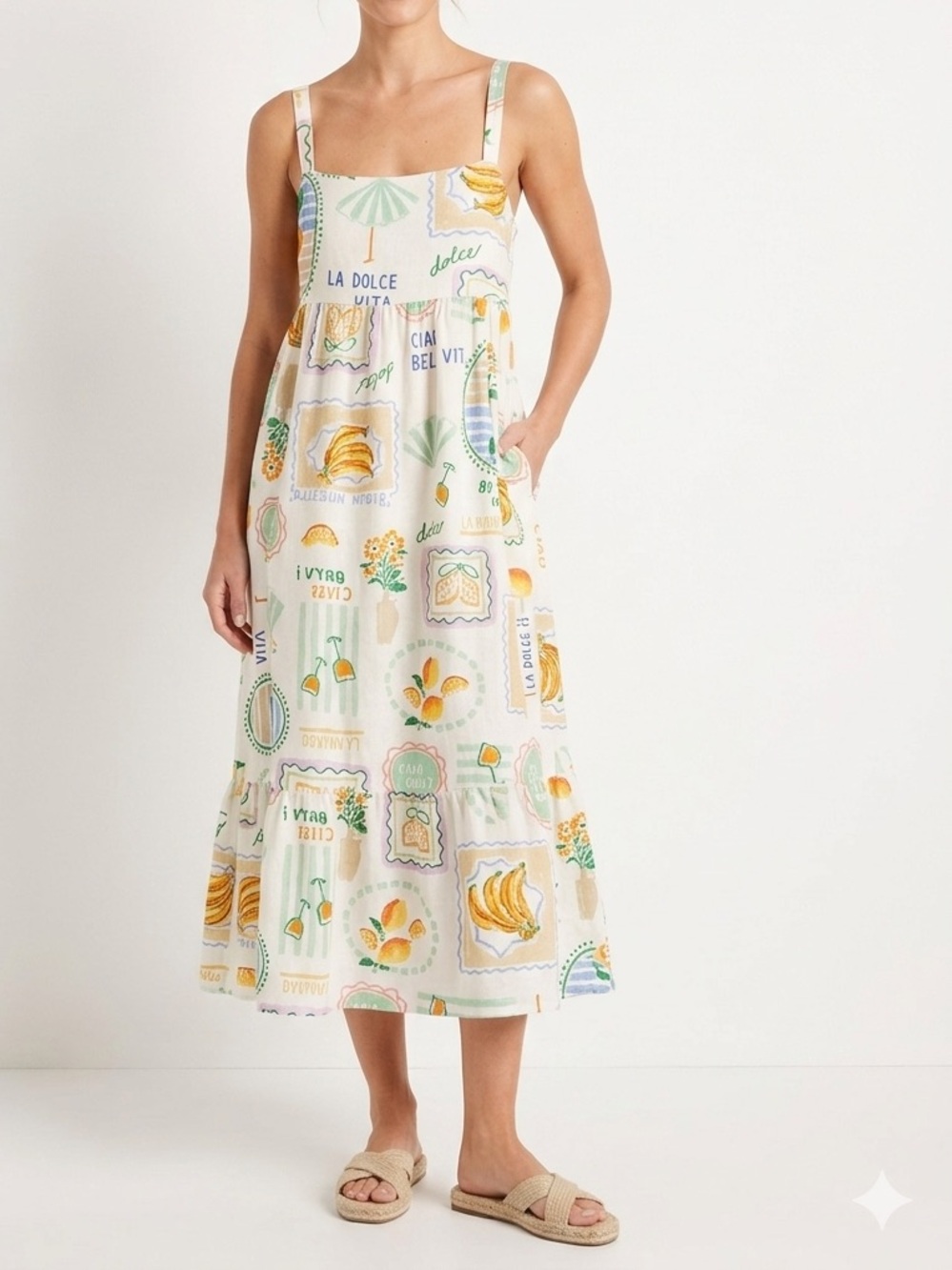 White Printed Maxi Dress with Pastel Citrus & Shell Motif - Picture 1 of 9